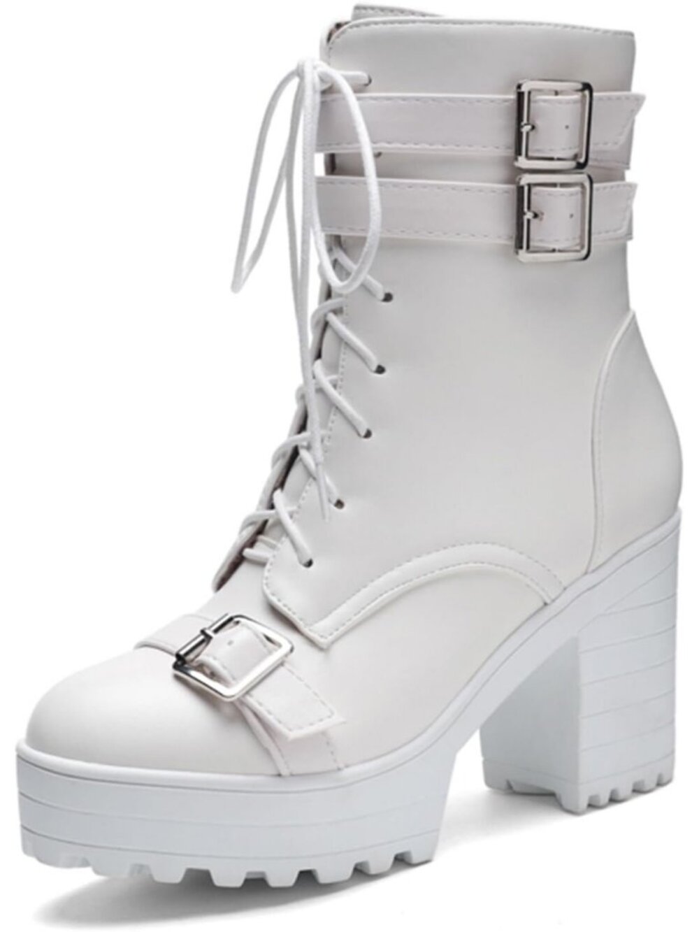 Women's Buckle White Buckles Rivet Goth Block Heel Round Toe Zipper Ankle Boots
